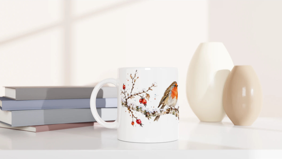 Breiter verschneiter Zweig mit Rotkehlchen, roten Hagebutten, kahlen Seitentrieben und feinen winterlichen Aquarellspritzern