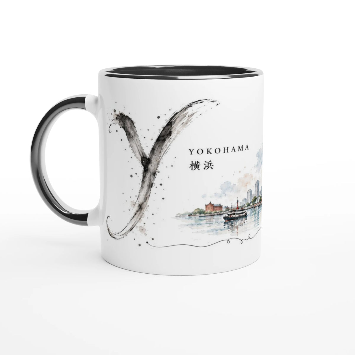 Weiße 330 ml Keramiktasse mit Yokohama Aquarellillustration, Hafenpromenade, moderner Skyline und großem Tusche-Y aus der Serie Sakura & Steel