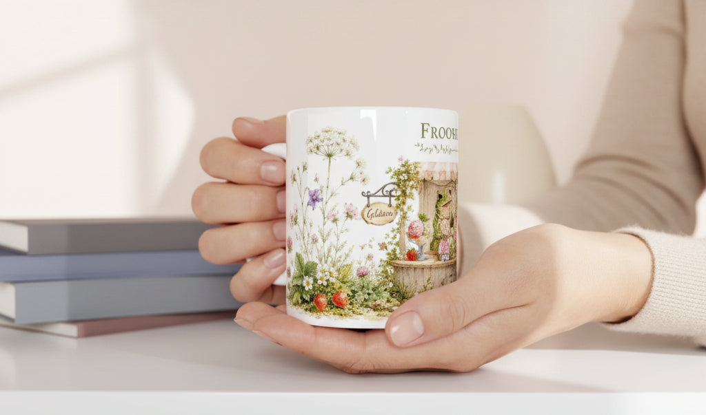 Tiny World Frosch Motiv mit Gelato, Erdbeeren, Blumen und charmantem italienischem Eisstand