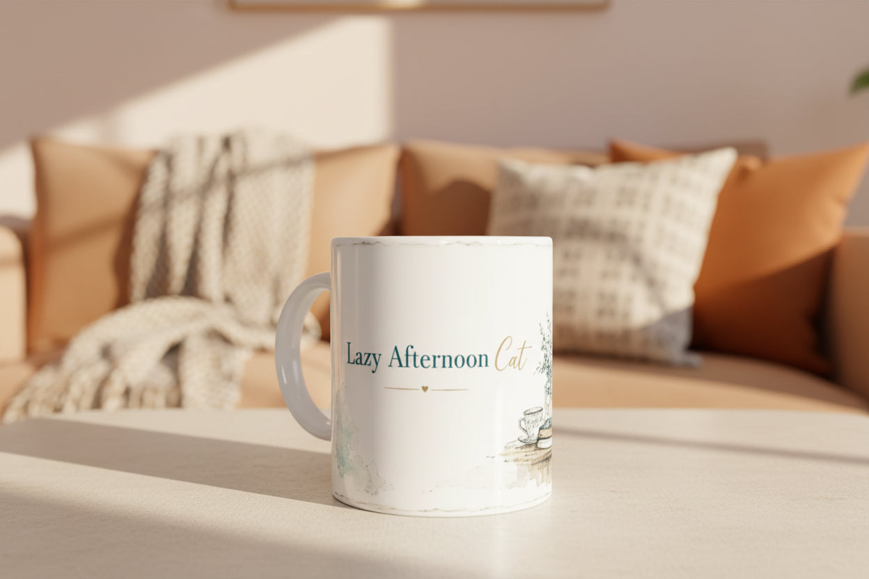 Katzen Tasse mit entspannter Hauskatze in einer hellen und gemuetlichen Leseecke
