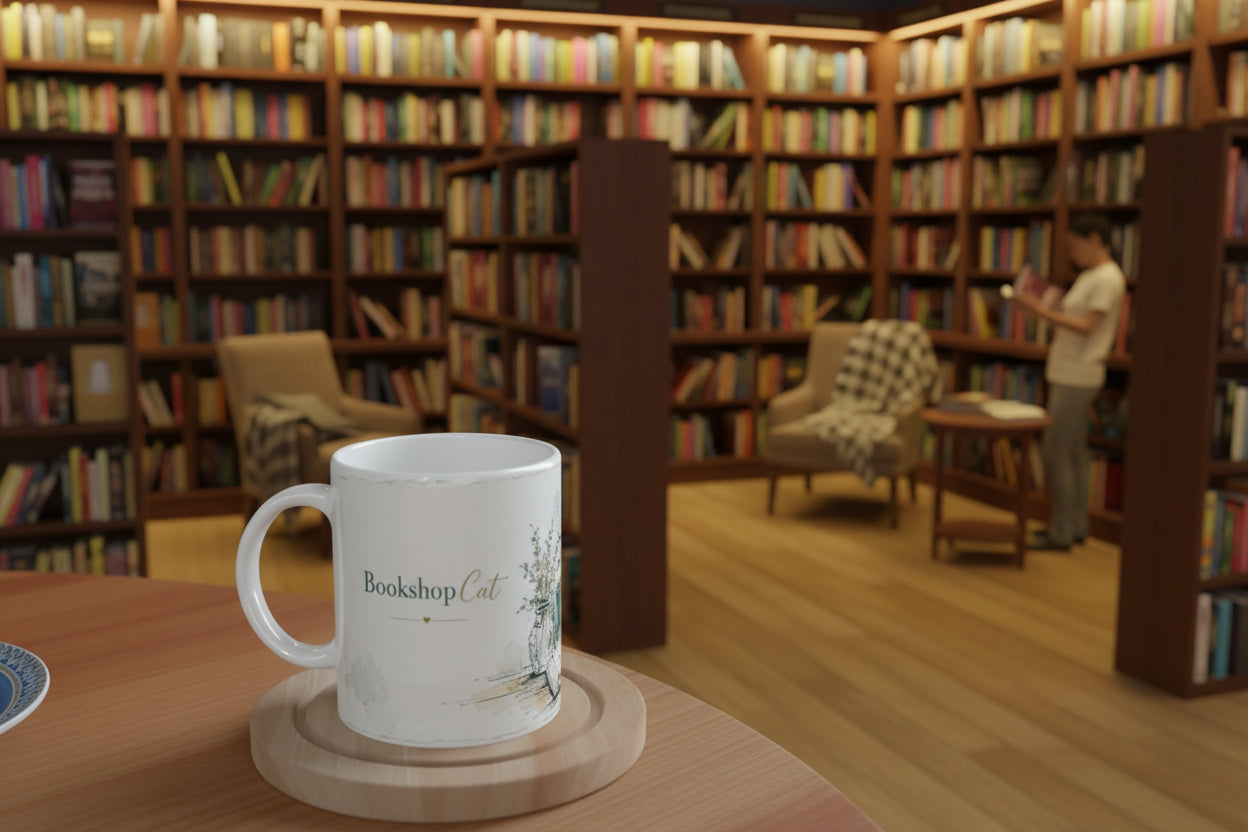 Katzenmotiv fuer Buchliebhaber mit Buechern, Kaffeetasse und ruhiger Lesestimmung