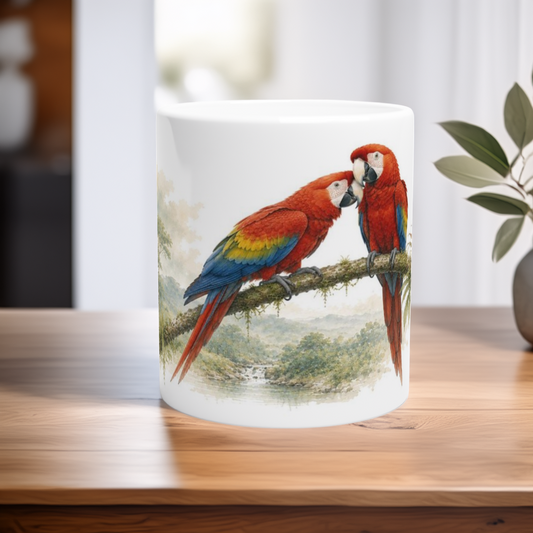 Weiße Keramiktasse mit leuchtendem Papageienmotiv und sanfter Regenwaldatmosphäre