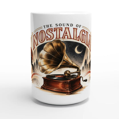 Nostalgisches Musikmotiv mit geschwungenem Schriftzug The Sound of Nostalgia, geometrischer Art-déco-Architektur, goldenem Grammophon und warmen Bordeaux- und Messingtönen