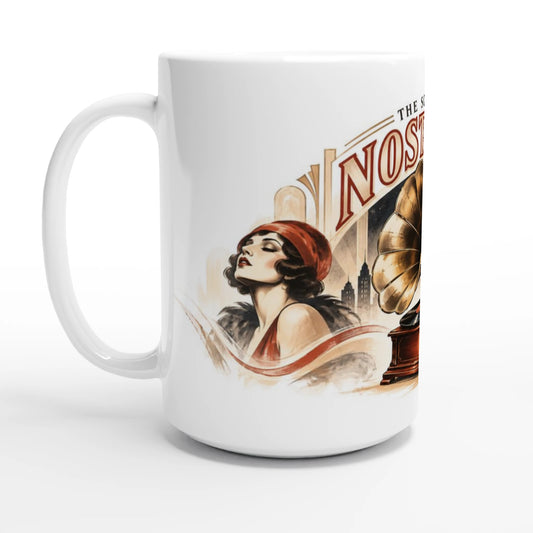 Weiße Jazz-Keramiktasse mit 440 ml Fassungsvermögen und nostalgischem Musikmotiv aus goldenem Grammophon, Jazzsängerin, Saxophonist und nächtlicher Stadtkulisse