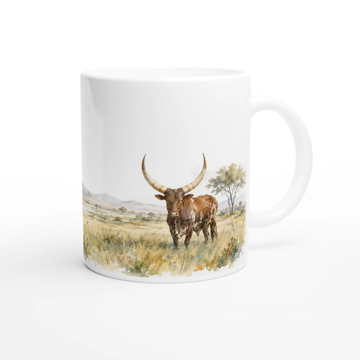 Afrikanische Rinder Tasse 330 ml mit Akazien, Savannengras und fernen Bergen im Aquarellstil