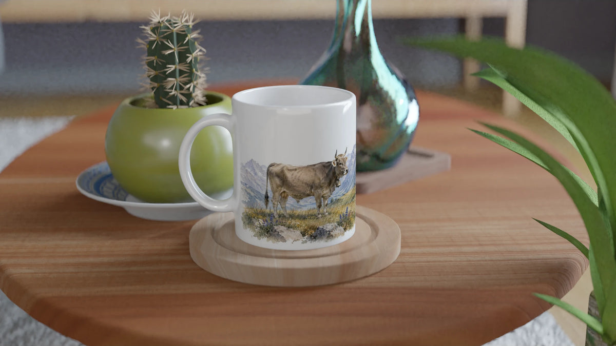 Weiße Tasse mit Kühen, Almwiese, Berghütte und schroffen Berggipfeln als helles Aquarellmotiv