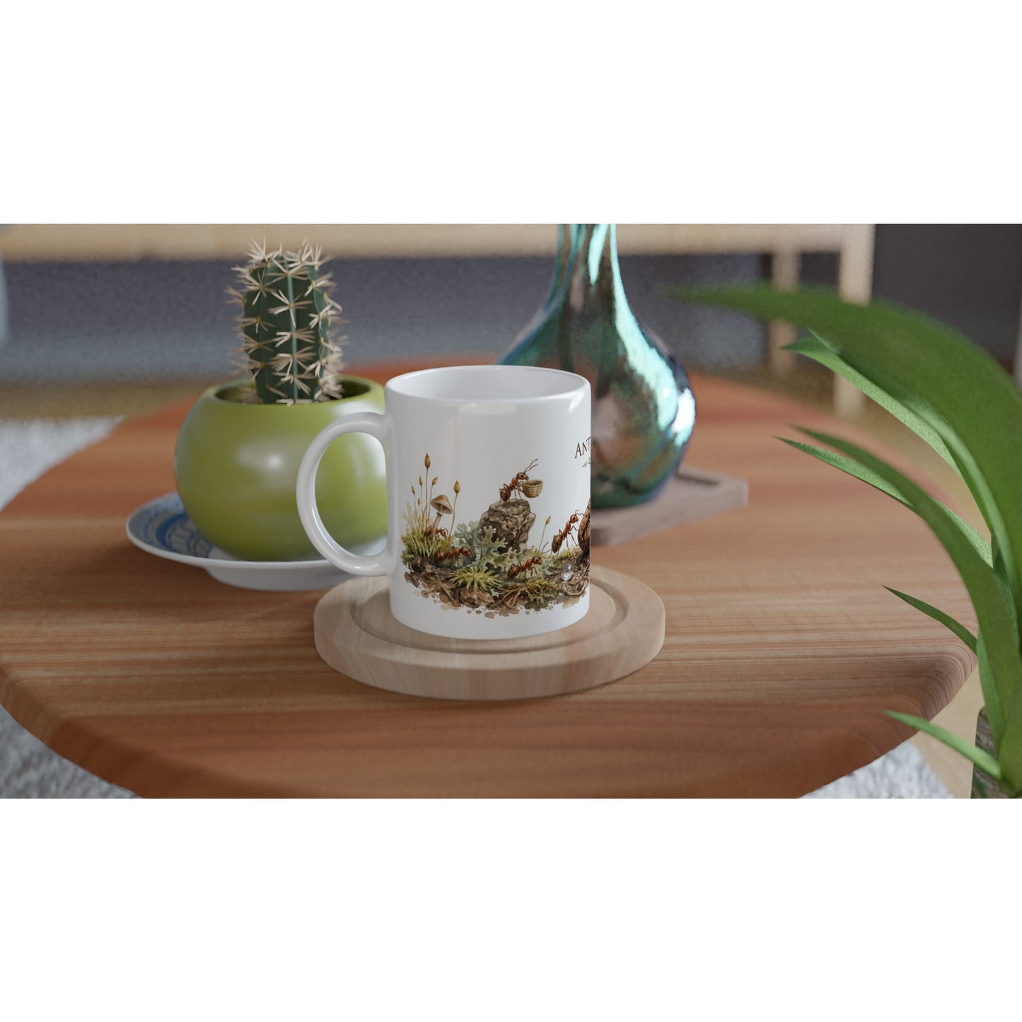 Naturmotiv Tasse mit humorvoller Ant Café Szene und feinen Walddetails.