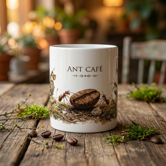 Ant Café Tasse mit kleinen Ameisen auf Waldboden zwischen Moos, Zweigen und Tauperlen.
