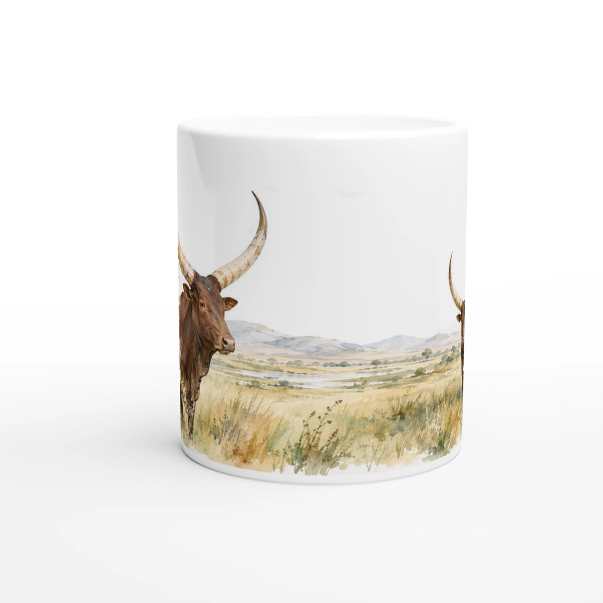 Weiße Keramiktasse mit zwei Ankole Rindern und großen geschwungenen Hörnern im Aquarellstil