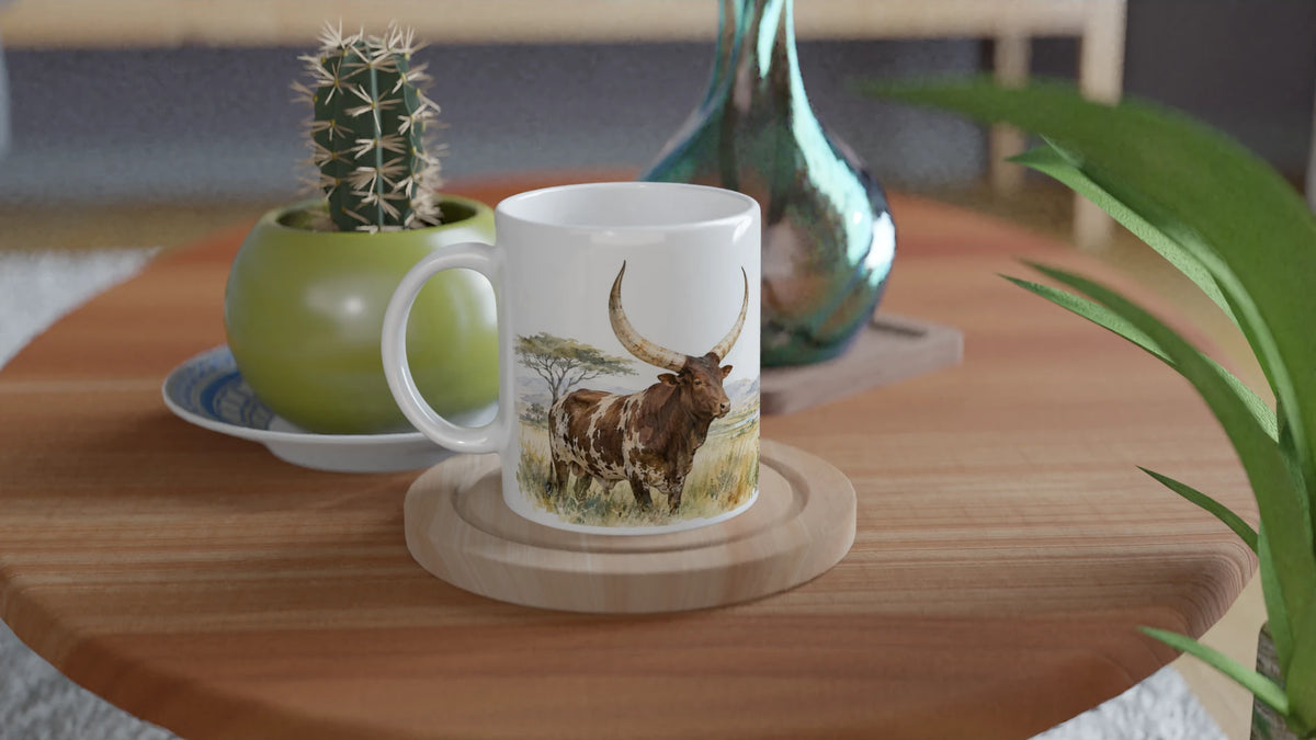Ankole Rind Tasse mit großem Tier im Vordergrund und zweitem Rind in weiter Landschaft