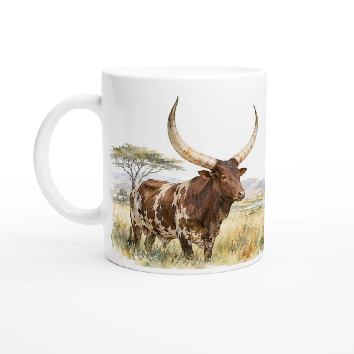 Ankole Rinder Tasse 330 ml mit zwei afrikanischen Langhornrindern in heller Savannenlandschaft