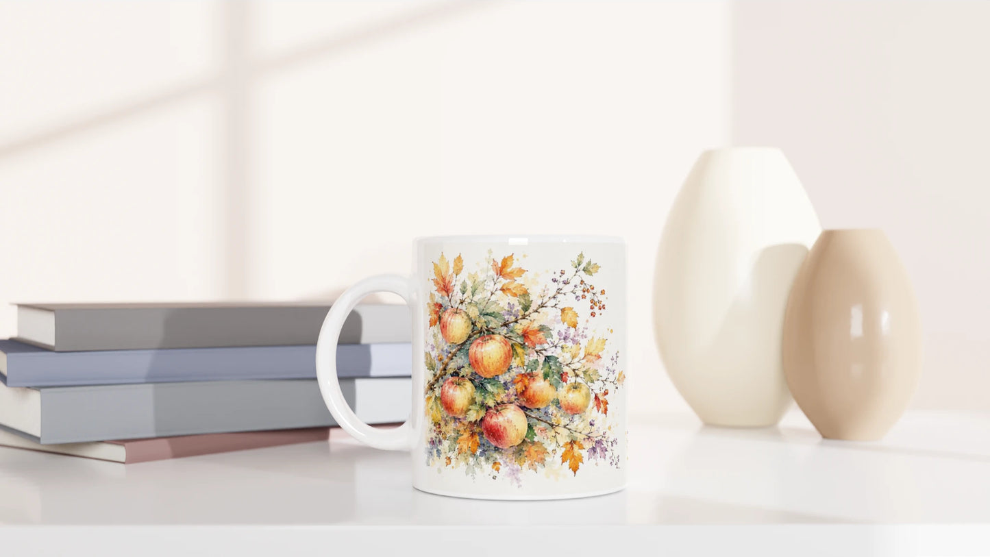 Apfel Tasse in der grünen Edition mit farblich abgestimmtem Henkel und Innenbereich sowie warmem Herbstmotiv