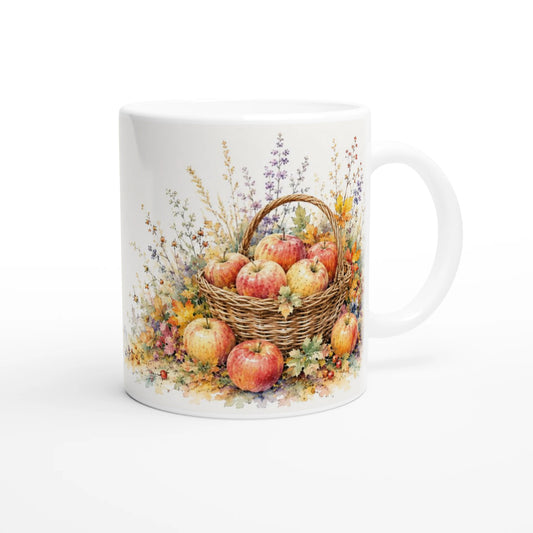 Apfel Tasse 330 ml mit reifen rot-goldenen Äpfeln, herbstlichem Laub und gefülltem Weidenkorb im Aquarellstil