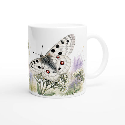 Apollofalter Tasse mit botanischem Aquarell und weißer Fetthenne