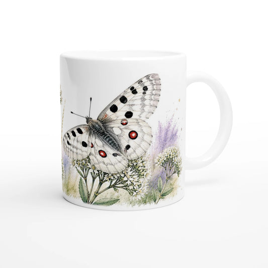 Apollofalter Tasse mit botanischem Aquarell und weißer Fetthenne