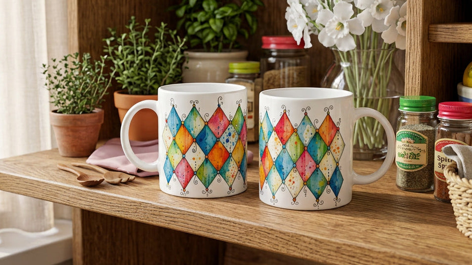 Bunte Keramiktasse mit einem Rautenmuster in Aquarelloptik. Das Zusammenspiel aus regelmäßigen geometrischen Formen und malerischer Farbwirkung verleiht dem Retro-Motiv eine leichte Ausstrahlung.