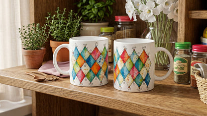 Bunte Keramiktasse mit einem Rautenmuster in Aquarelloptik. Das Zusammenspiel aus regelmäßigen geometrischen Formen und malerischer Farbwirkung verleiht dem Retro-Motiv eine leichte Ausstrahlung.