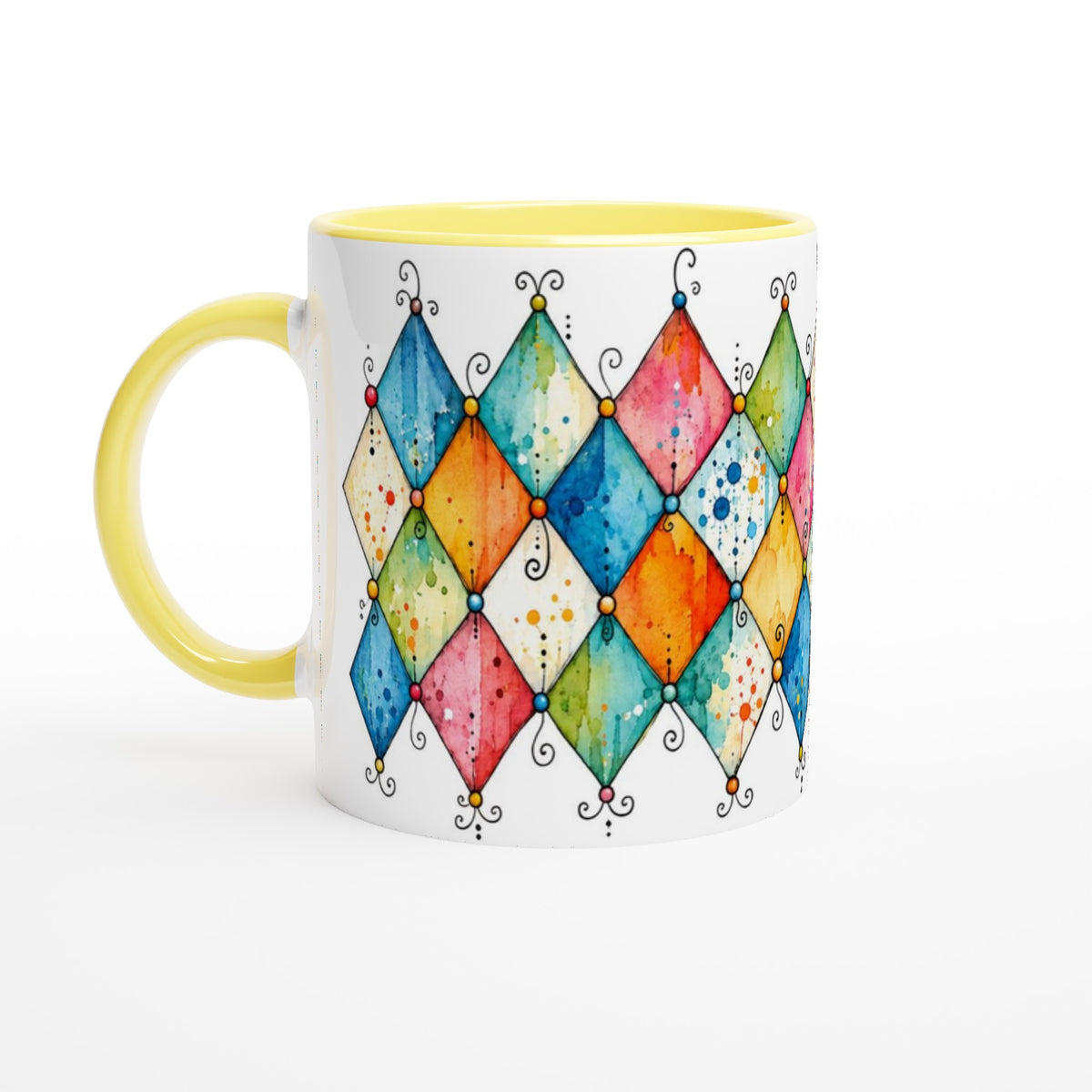 Tasse mit farbigem Retro-Rautenmuster in malerischer Aquarellanmutung. Das grafische Design verbindet nostalgische Musterideen mit einer modernen und freundlichen Wirkung.