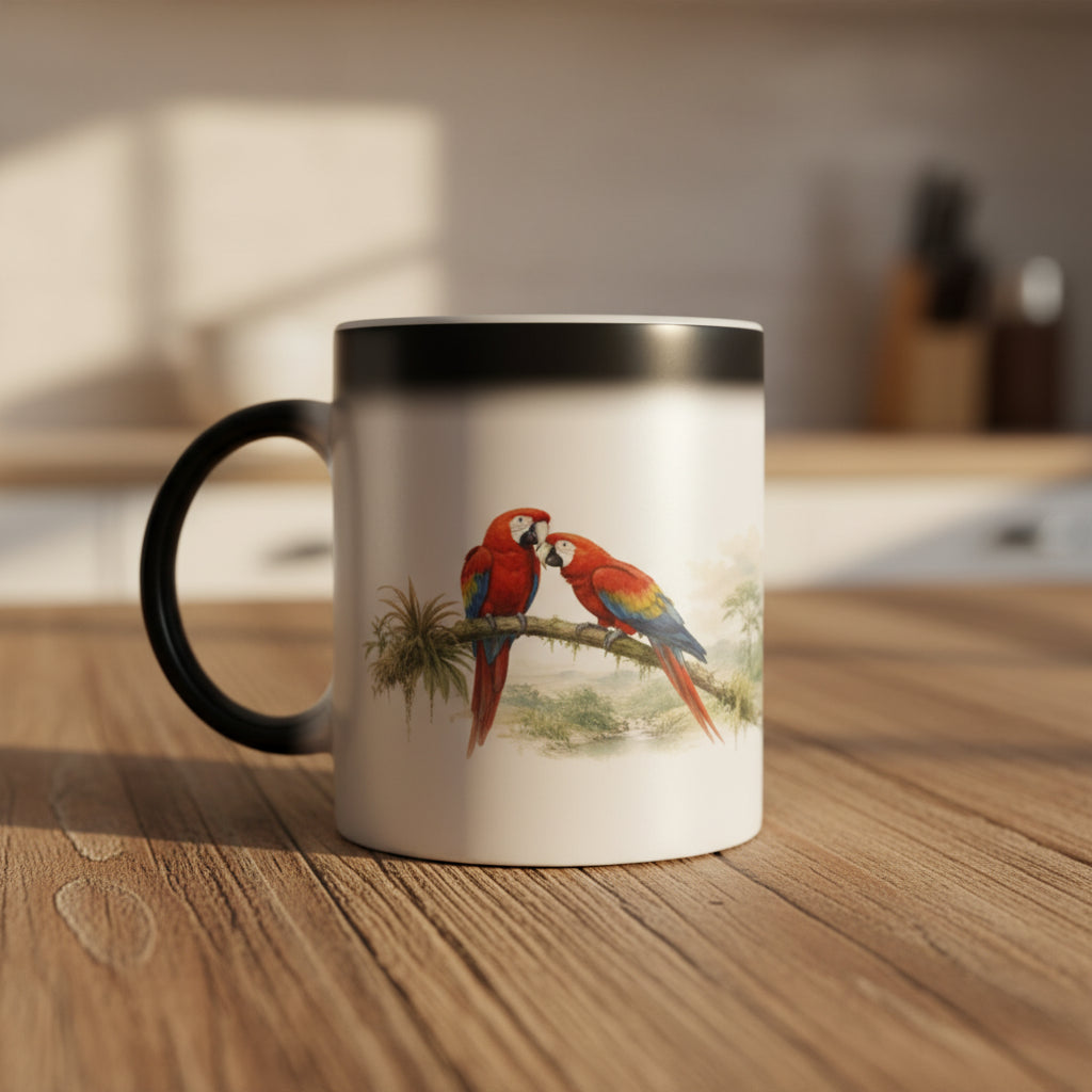 Schwarze magische Tasse, die beim heißen Getränk ihr Vogelmotiv zeigt.