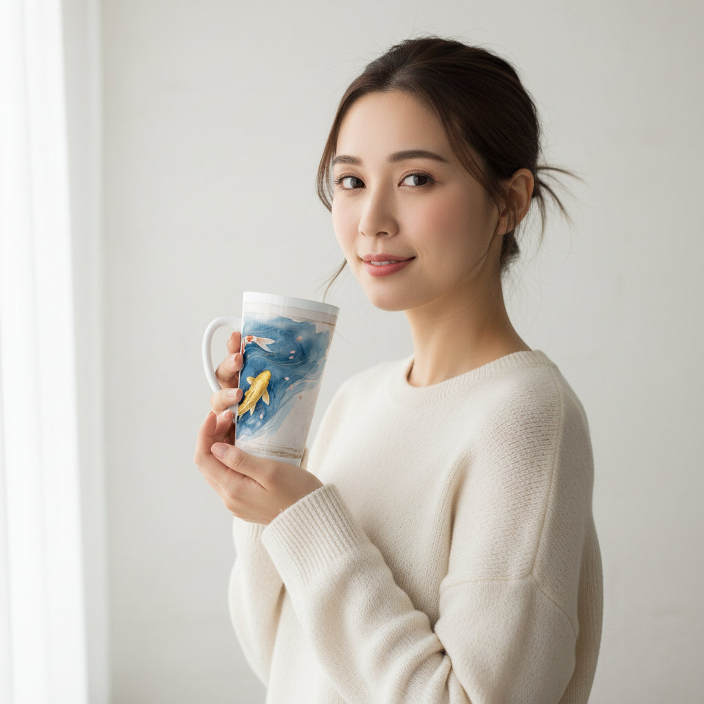 Japanischer 440 ml Keramikbecher mit Nishikigoi Motiv, Wellen und harmonischem Naturdesign