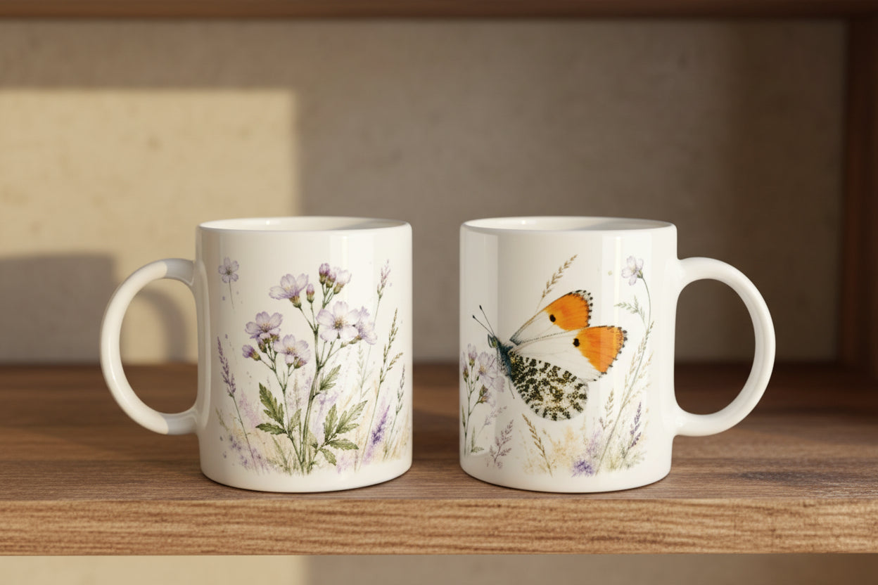 Umlaufendes Gartenmotiv auf einer 330-ml-Keramiktasse mit Aurorafalter, Wildblumen, feinen Halmen und sanften Naturfarben