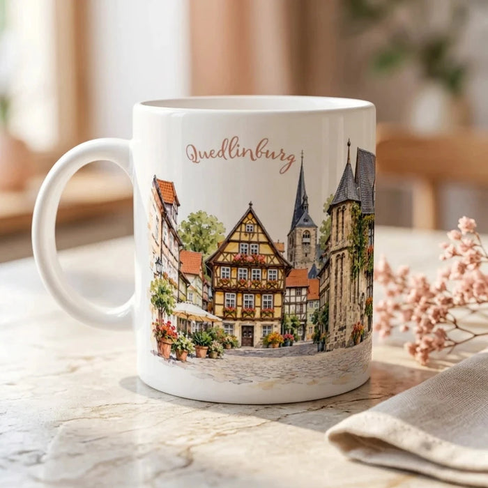 Quedlinburg Keramiktasse 330 ml mit Aquarellillustration des historischen Rathauses, begruenter Fassade, Fachwerkhaeusern und Schlossberg im Hintergrund
