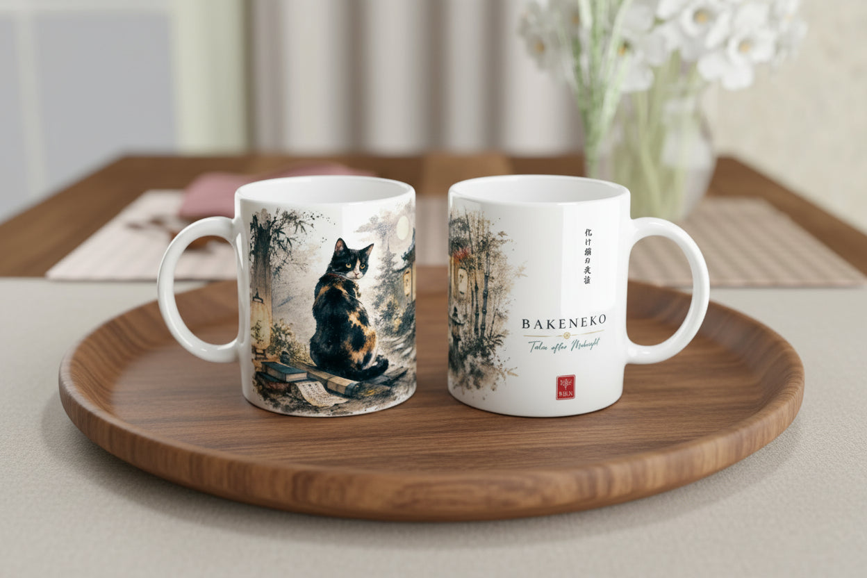 Schwarze Katze in ruhiger japanischer Folklore Atmosphäre