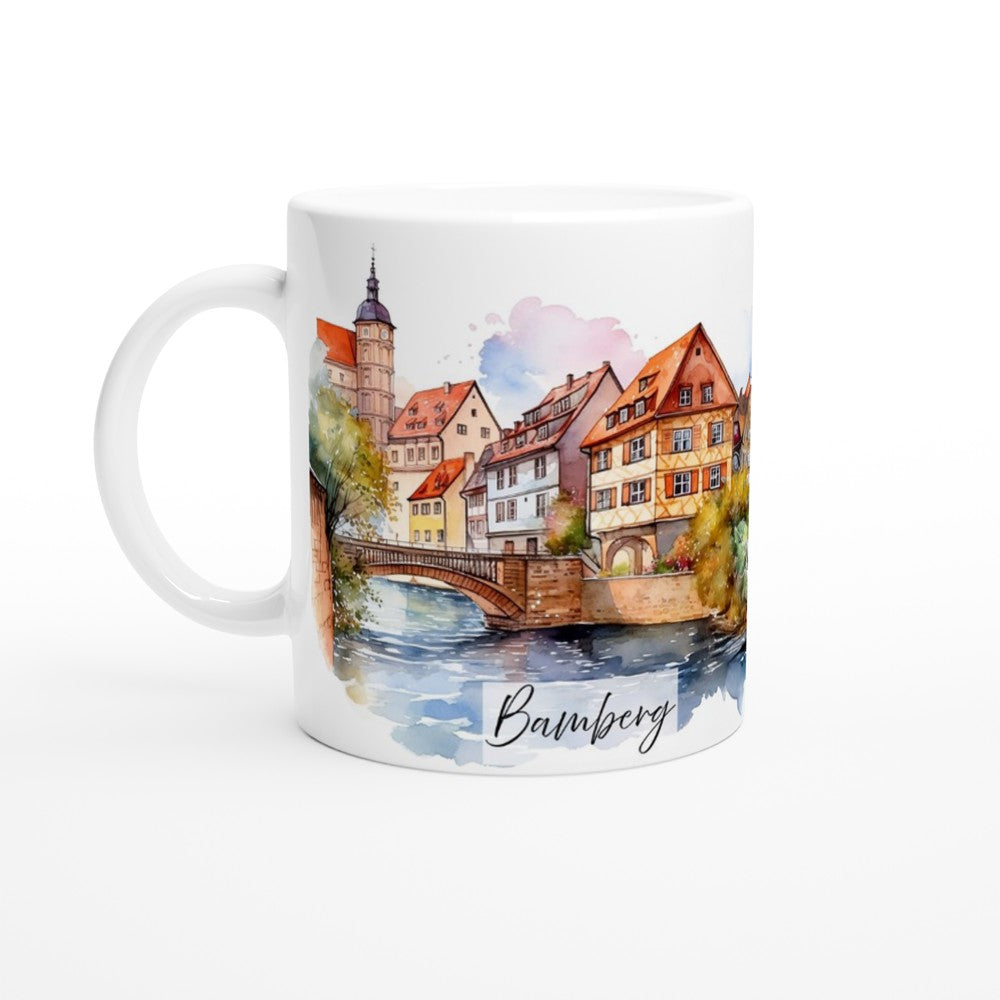 Bamberg Kaffeetasse mit Regnitz, farbigen Fassaden und umlaufender Stadtillustration