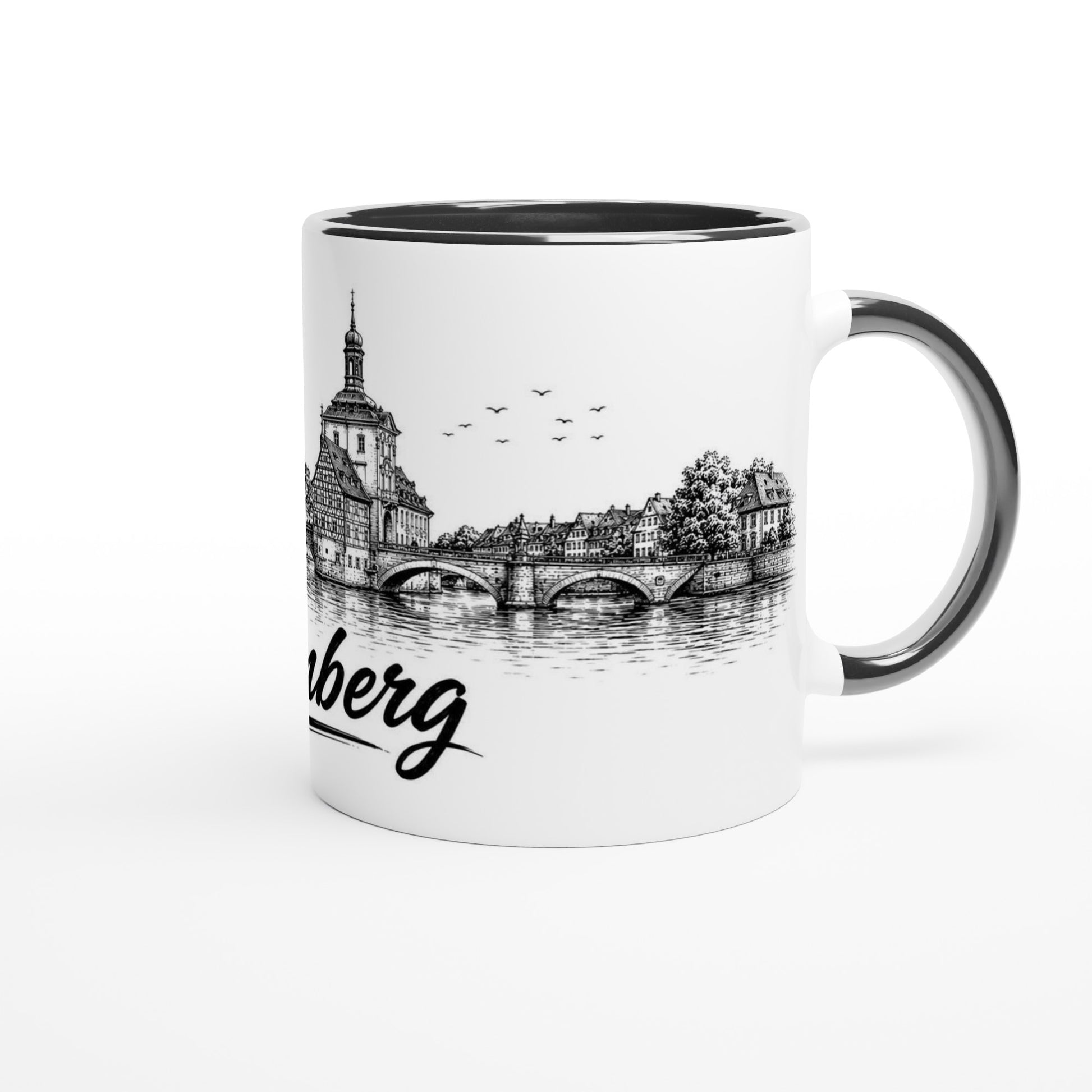 Bamberg Souvenir Tasse 330 ml mit historischem Stadtmotiv, Domtürmen, Brückenansicht und grafischem Schwarz-Weiß-Design.