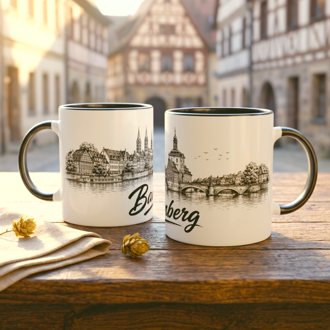 Black Edition der Bamberg Tasse mit schwarzer Innenseite, schwarzem Henkel und feiner Line-Art Stadtansicht.