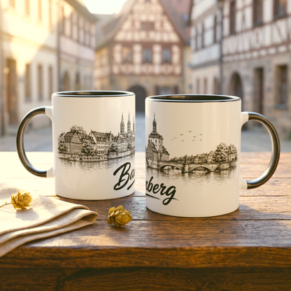 Black Edition der Bamberg Tasse mit schwarzer Innenseite, schwarzem Henkel und feiner Line-Art Stadtansicht.