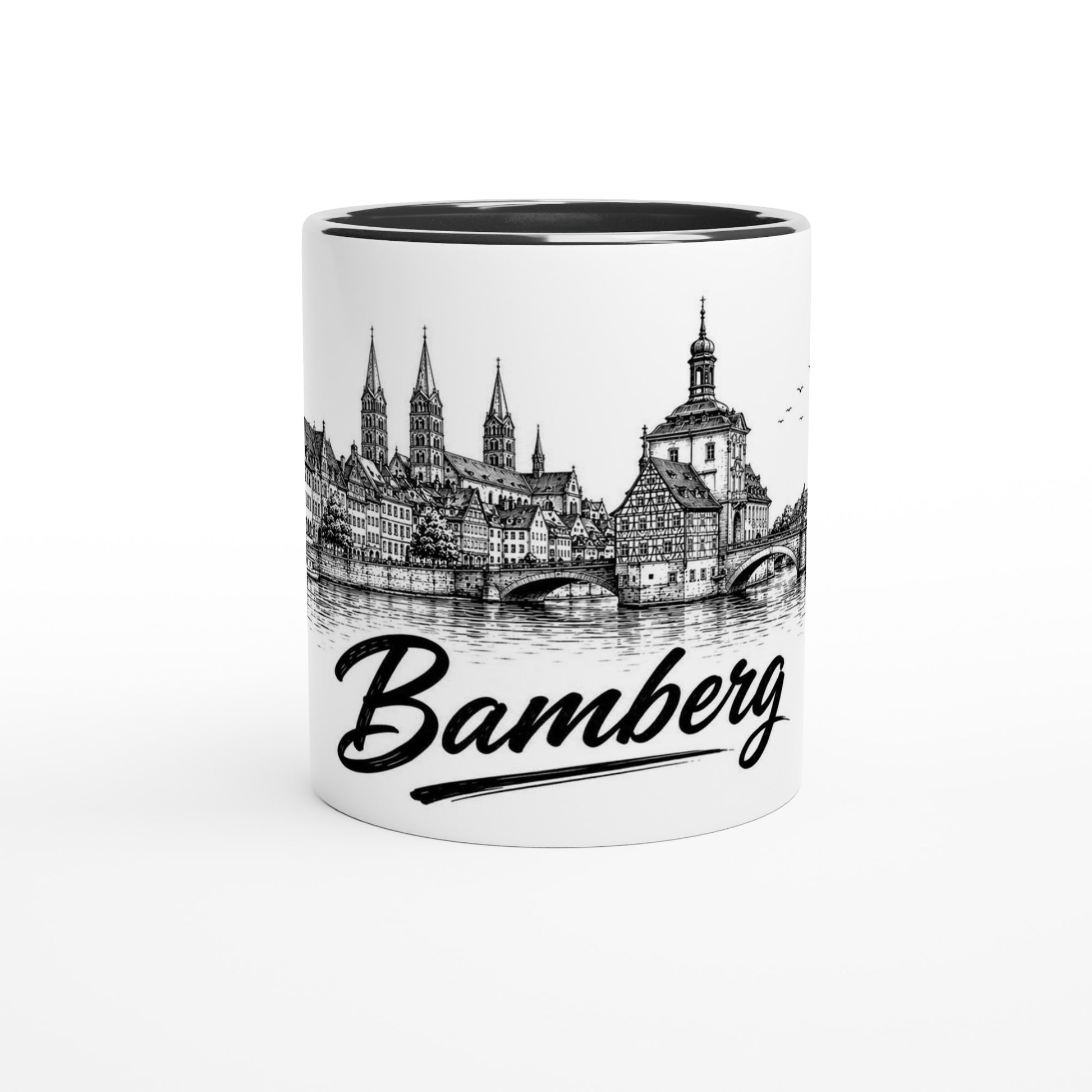 Bamberg Tasse als Stadtgeschenk mit detailreicher Architekturzeichnung, Brücke, Türmen und Altstadtpanorama.