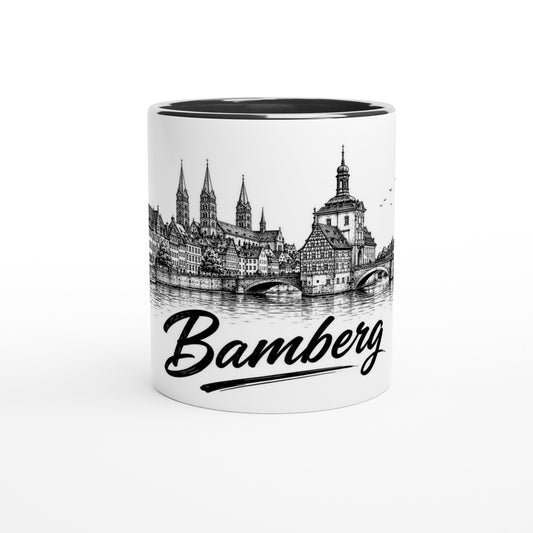 Bamberg Tasse als Stadtgeschenk mit detailreicher Architekturzeichnung, Brücke, Türmen und Altstadtpanorama.