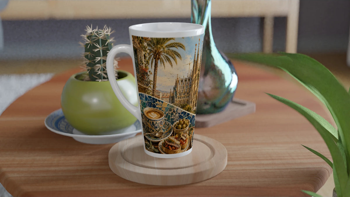 Weiße konische Latte Tasse mit Kaffee, Tapas und Barcelona Stadtansicht im warmen Illustrationsstil