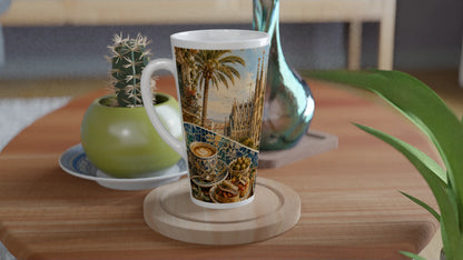 Weiße konische Latte Tasse mit Kaffee, Tapas und Barcelona Stadtansicht im warmen Illustrationsstil