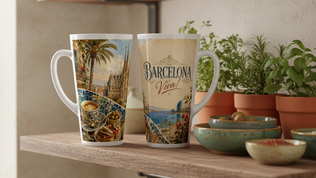 Latte Tasse mit Barcelona Illustration, Mosaikoptik und mediterraner Farbwelt in Blau und Sandtönen