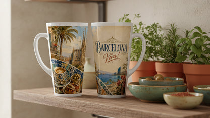 Latte Tasse mit Barcelona Illustration, Mosaikoptik und mediterraner Farbwelt in Blau und Sandtönen