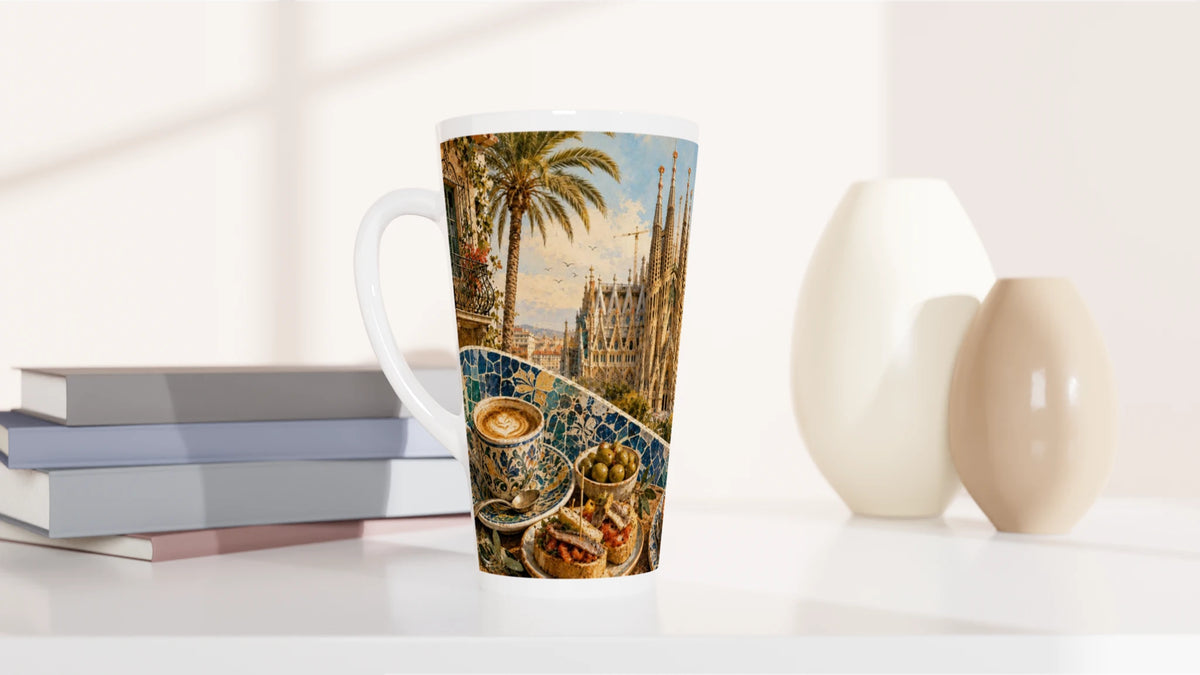 Große Barcelona Latte Tasse mit Küstenblick, Palmen und sonniger Mittelmeer Atmosphäre