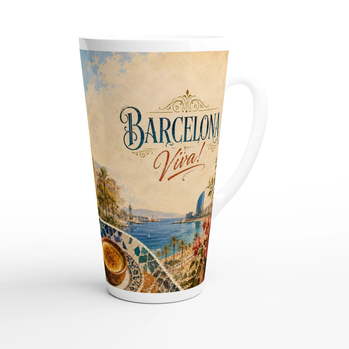 Weiße Latte Tasse mit Barcelona Motiv und der Sagrada Familia als zentralem Wahrzeichen