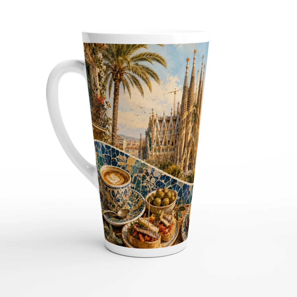 Barcelona Souvenir Latte Tasse 440 ml mit Sagrada Familia, Meerblick und südlichem Urlaubsflair