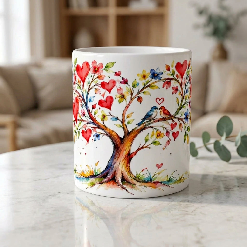 Baum der Liebe Tasse aus weißer Keramik mit einem romantischen Aquarellmotiv aus Herzen und zwei verliebten Vögeln. Die 330-ml-Tasse ist eine Geschenkidee für Paare und Herzensmenschen.