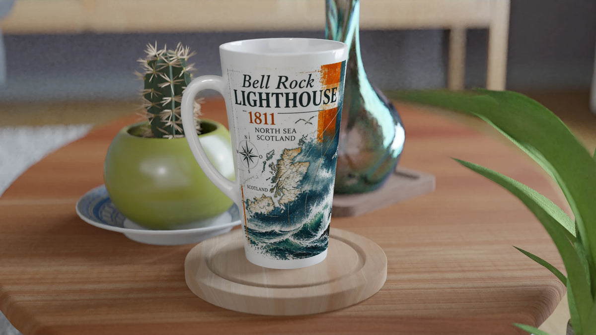 Schottischer Bell-Rock-Leuchtturm als Illustration auf einer Keramiktasse mit 440 ml; historisches Wahrzeichen im Meer für Fans maritimer Motive.