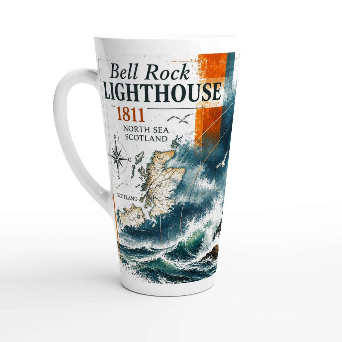 Künstlerische Darstellung des Bell-Rock-Leuchtturms nahe Arbroath auf einer Latte-Tasse, inspiriert von der rauen Nordsee und der Geschichte schottischer Seezeichen.