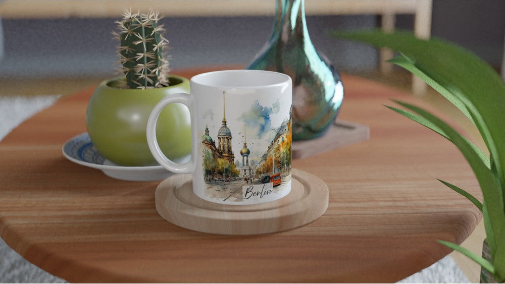 Berlin Keramiktasse mit lockerer Aquarellmalerei, Stadtarchitektur und markantem Fernsehturm