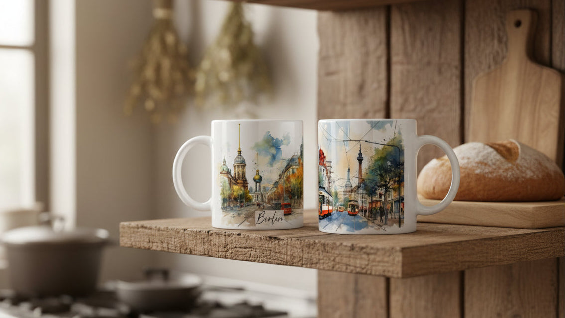 Berlin Tasse mit Straßenbahn zwischen historischen Fassaden und Fernsehturm im Hintergrund
