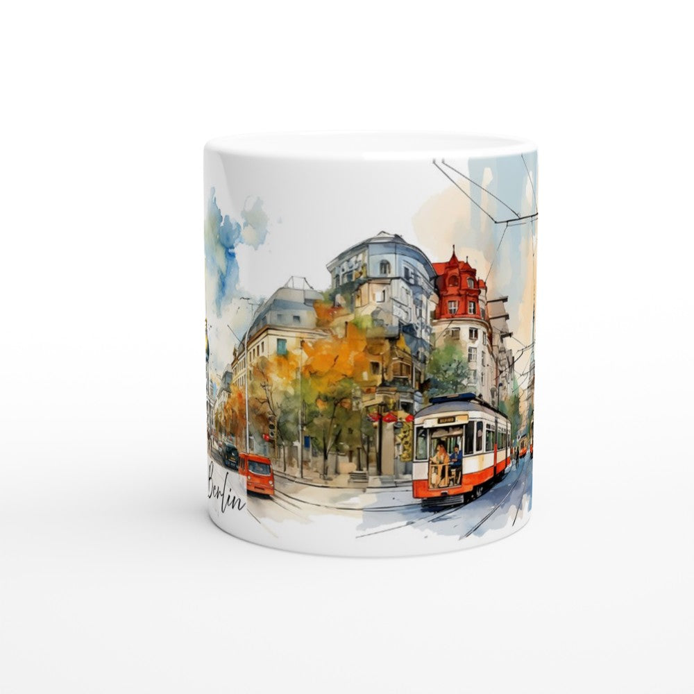 Berlin Tasse 330 ml mit Aquarell Straßenszene, Straßenbahn und Fernsehturm