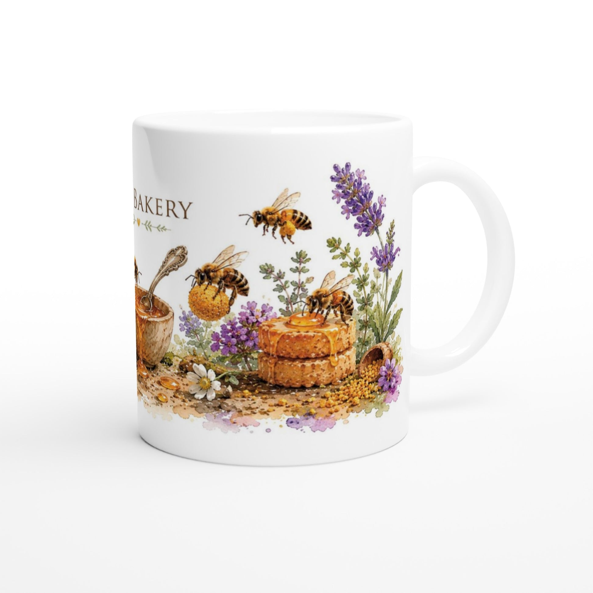 Bee Bakery Tasse für Naturfreunde und Imker mit Honigbienen und Blüten.