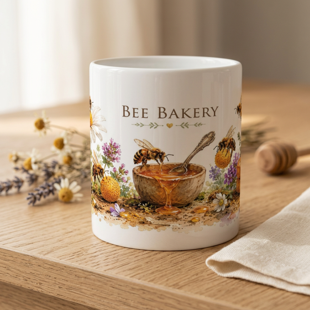 Bienen Tasse mit Bee Bakery Motiv, Honigschale, Bienen, Blüten und Waben.