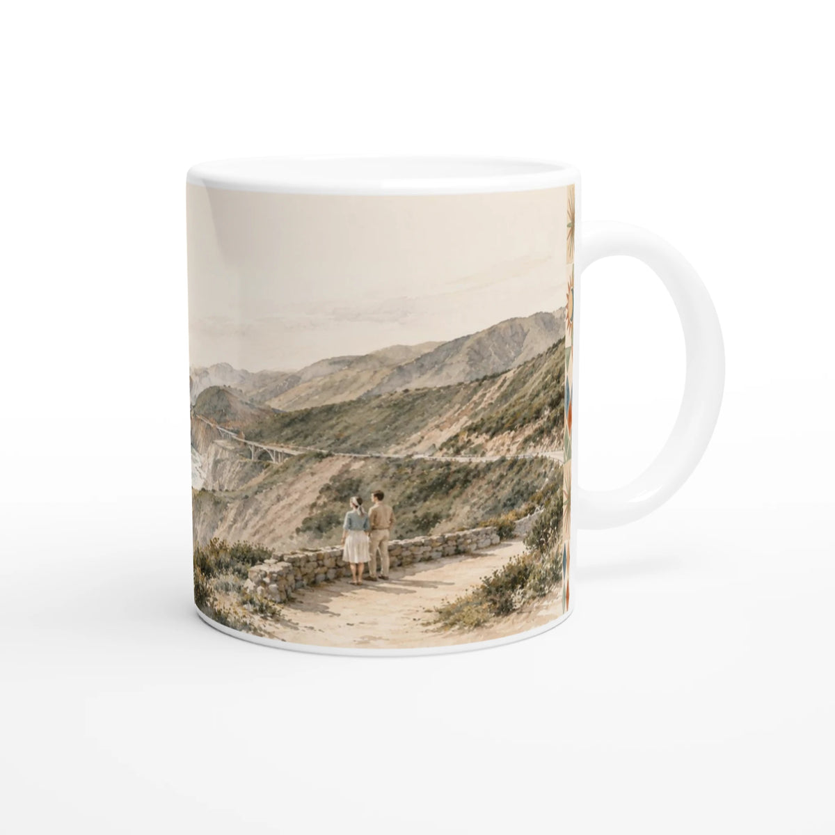 Big Sur California Tasse 0,33 l mit hellem Aquarellmotiv der felsigen Pazifikküste, Meer und steilen Küstenhängen sowie dem Schriftzug BIG SUR California