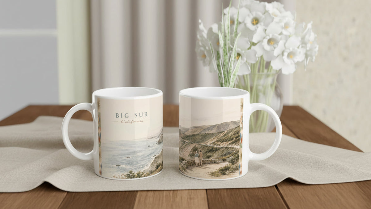 Zwei Ansichten der Big Sur California Tasse zeigen auf einer Seite den Pazifik und BIG SUR Schriftzug sowie auf der anderen Berglandschaft, Küstenstraße und zwei Reisende am Aussichtspunkt